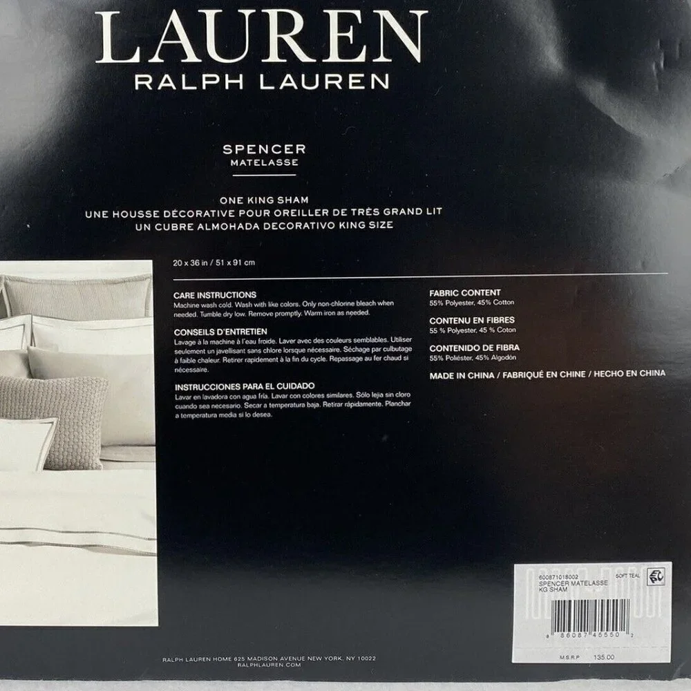 NWT – Ralph Lauren Spencer Matelasse King Sham – Soft Teal